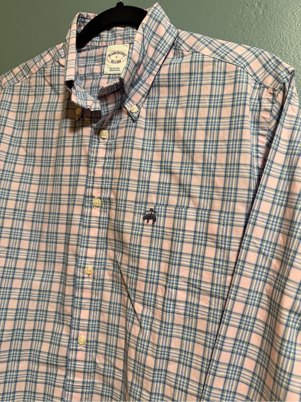 Brooks Brothers Mens S Pink Blue Plaid Dress Shirt Long Sleeve Preppy Designer